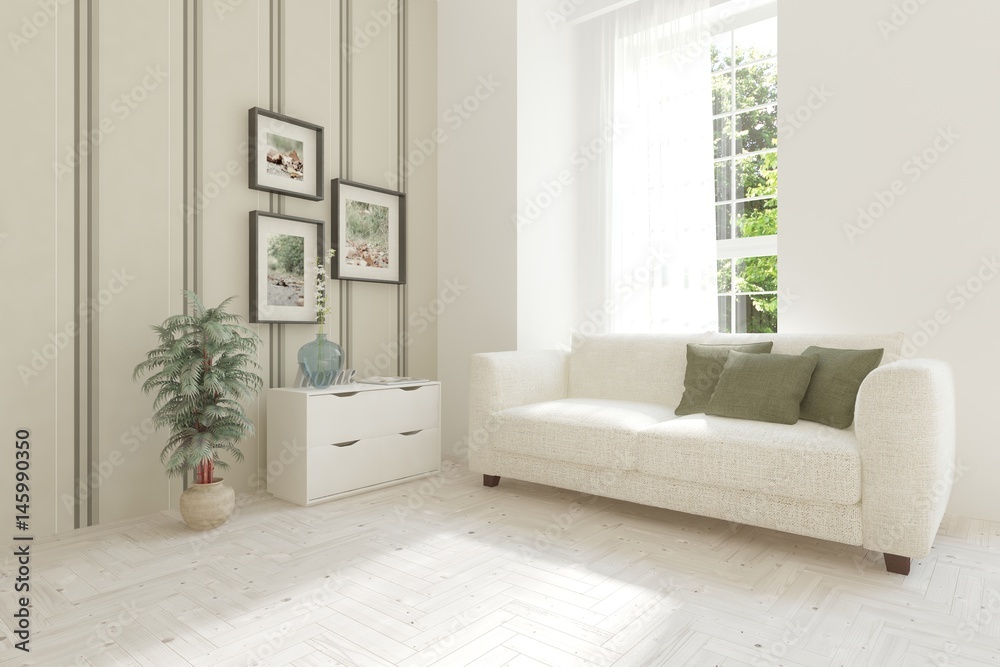 White room with sofa and green landscape in window. Scandinavian interior design. 3D illustration