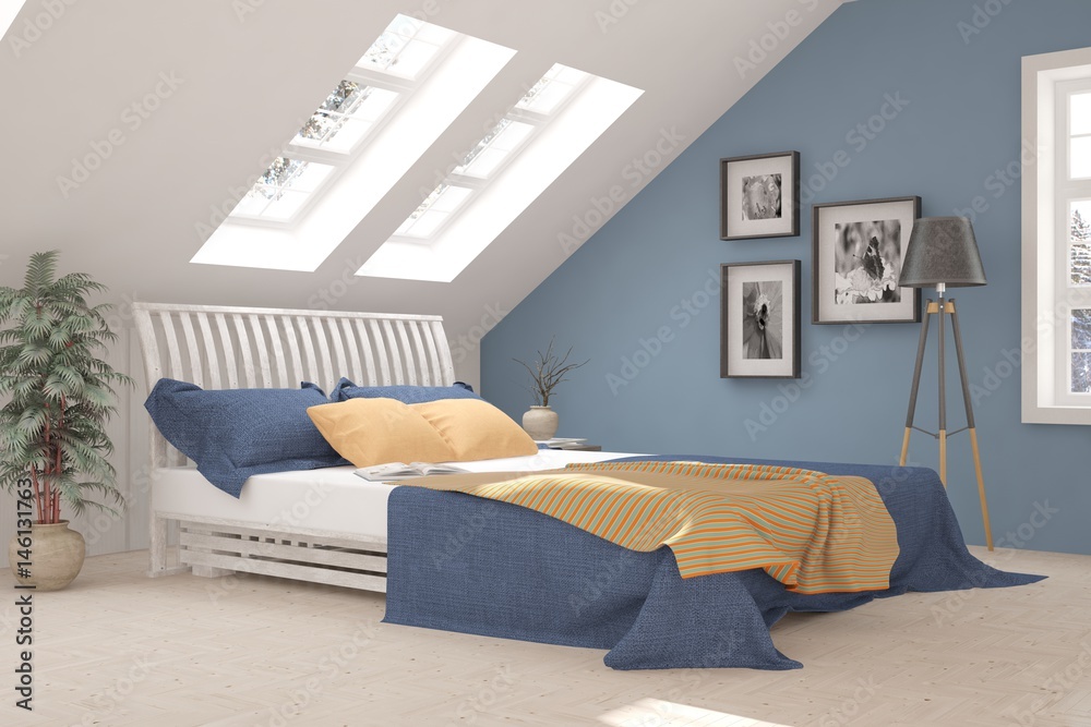 White modern bedroom. Scandinavian interior design. 3D illustration