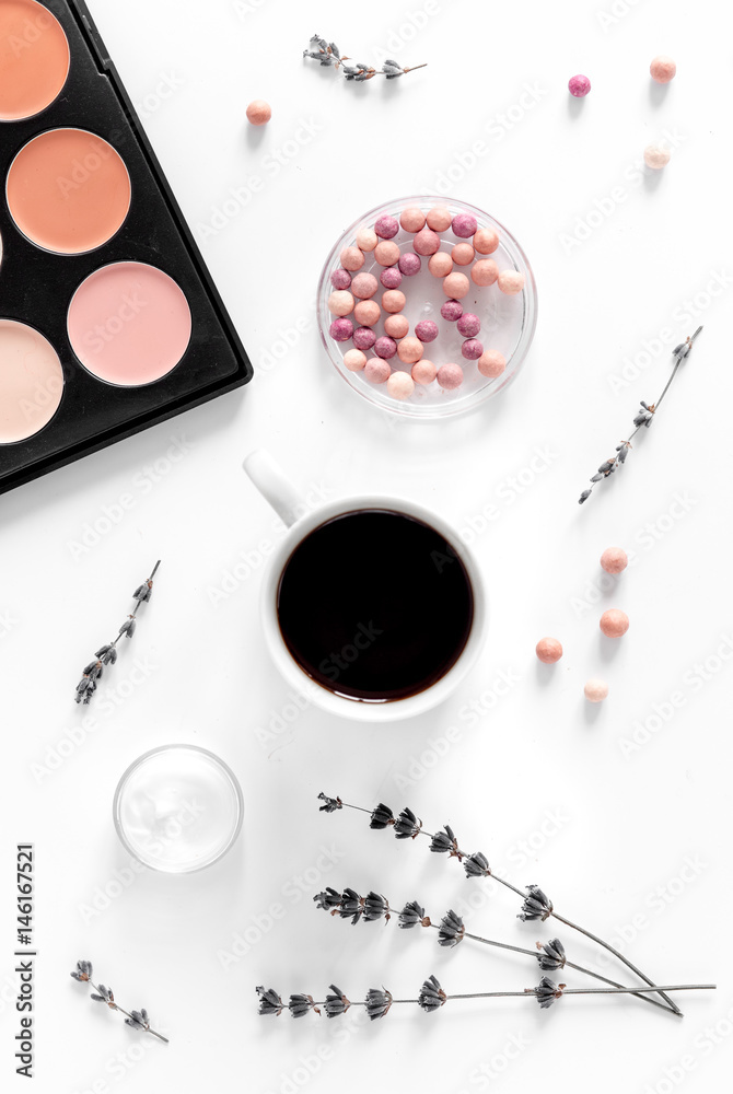 cosmetics composition with coffee and lavender top view