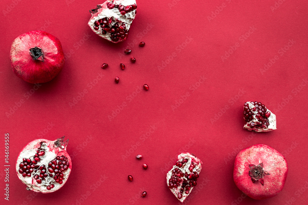 Ripe fresh fruit on red background top view space for text