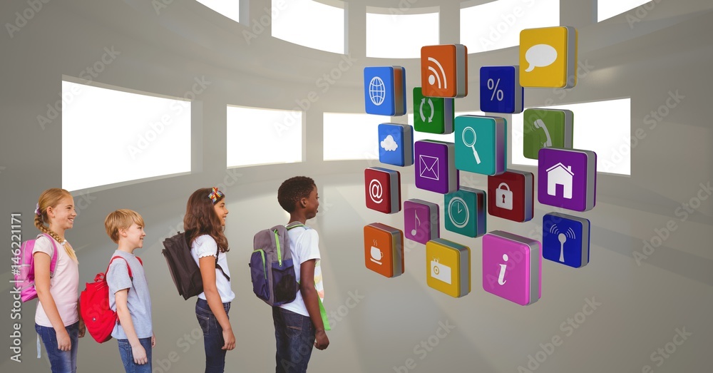 School children looking at various app icons