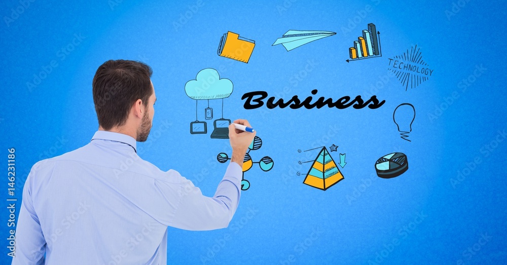 Businessman drawing graphics with business text on screen