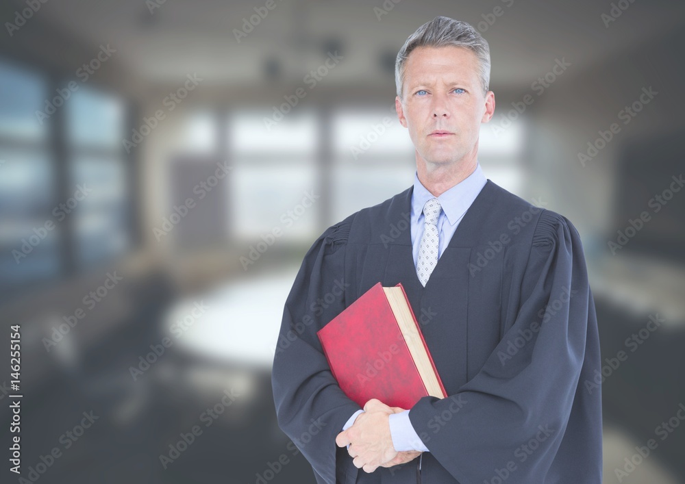 Judge holding book in front of office