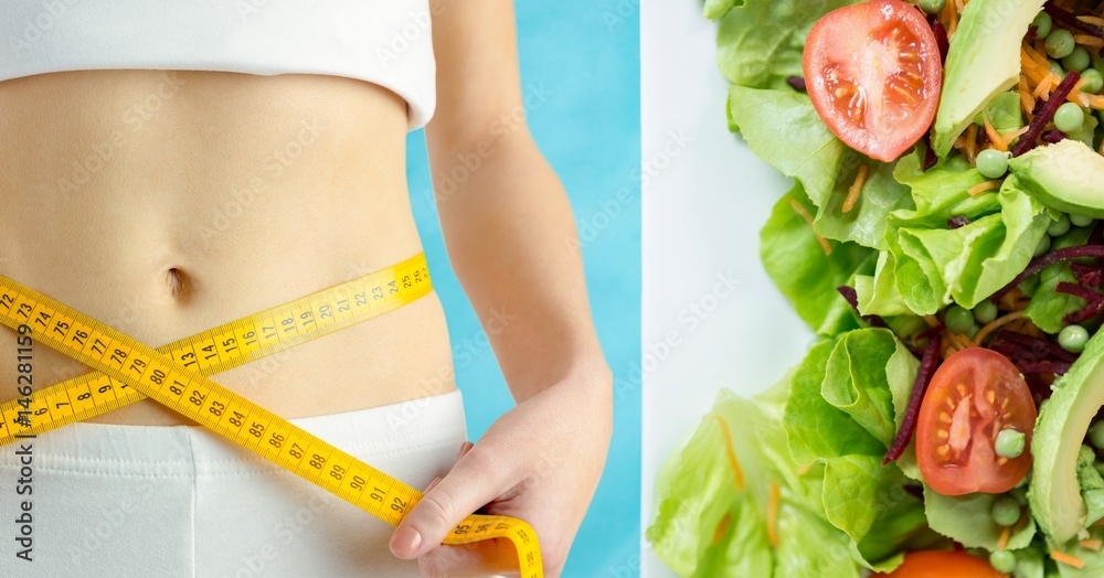 Composite image of woman and vegetables