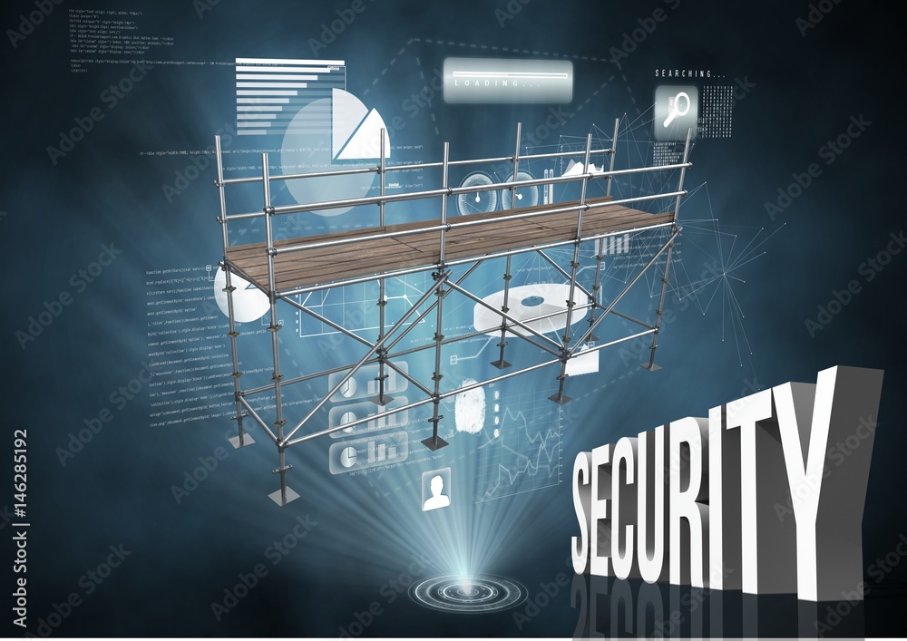 Security Text with 3D Scaffolding and technology interface