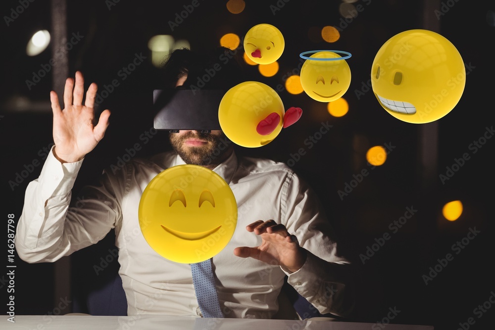 Composite image on businessman using virtual reality