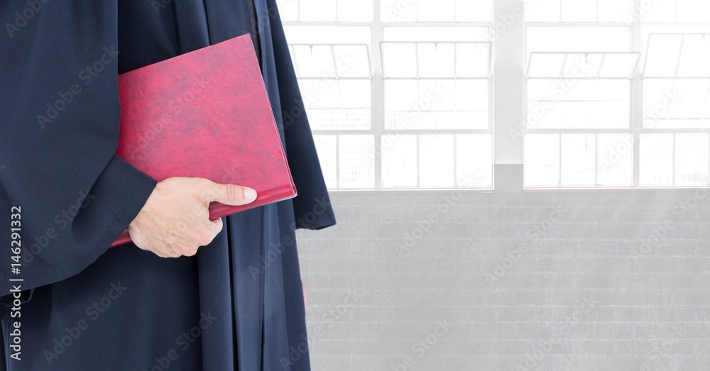 Judge holding book in front of bright windows