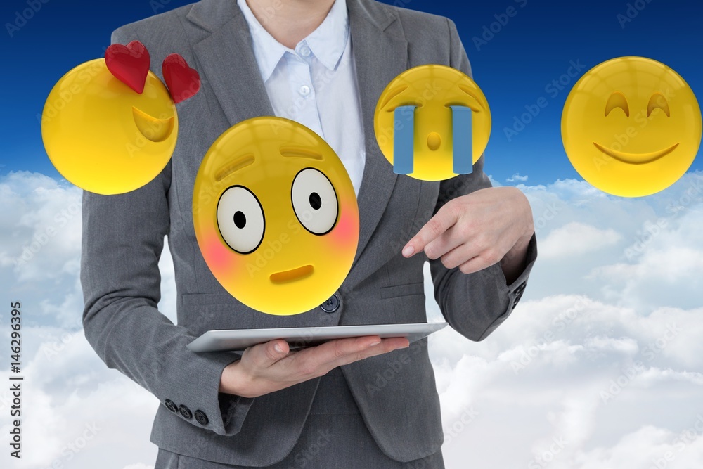 Composite image of happy woman with smileys