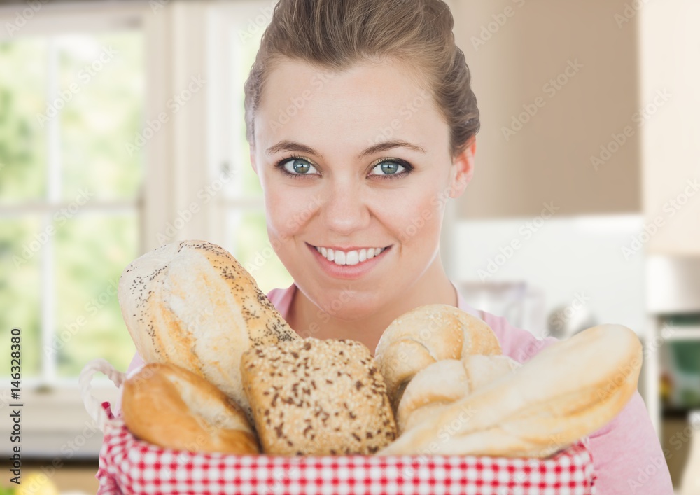 foreground of woman with bread basket