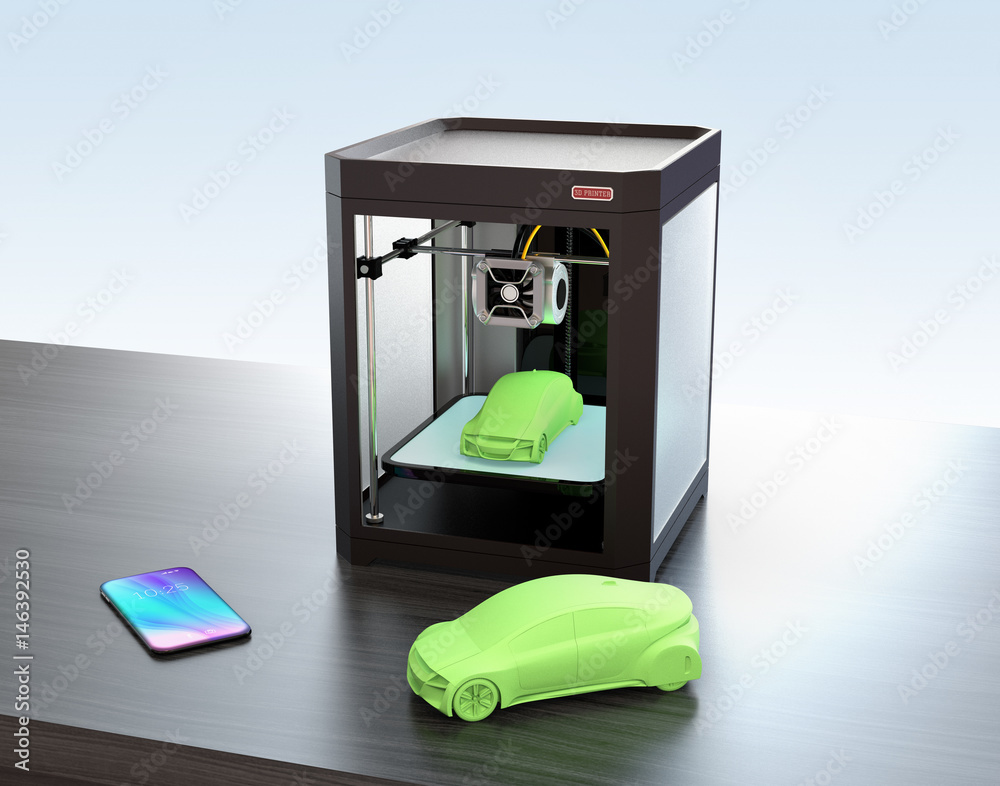 3D printer, smart phone and 3D sample model. 3D rendering image.