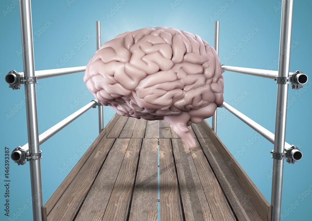 Brain with flare on scaffolding against blue background