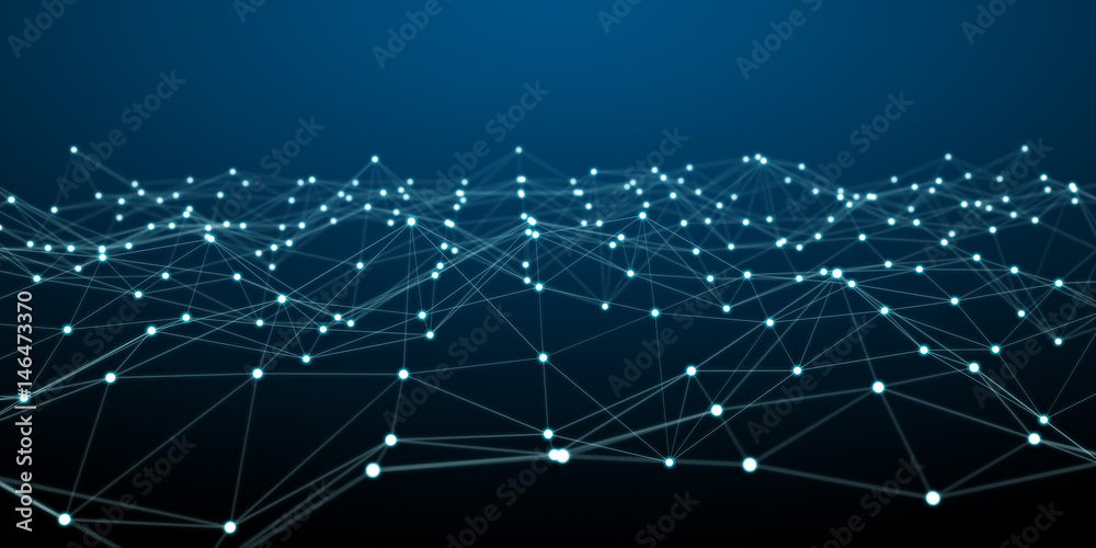 Floating white and blue dot network 3D rendering