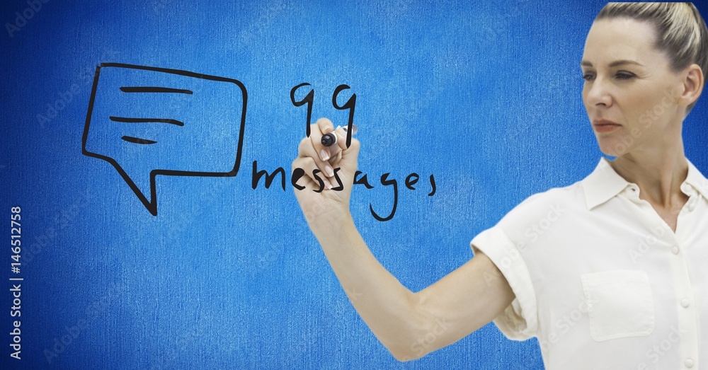 Businesswoman writing numbers and text on screen