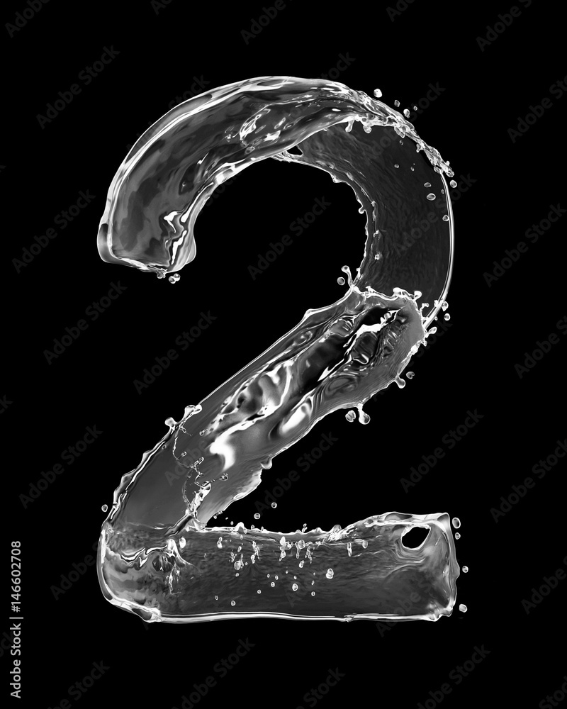 Number 2 made with a splashes of water isolated on black background