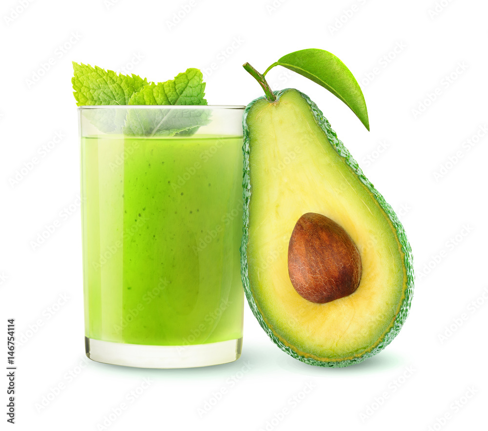 Isolated drink. Avocado smoothie and half of fruit isolated on white background with clipping path