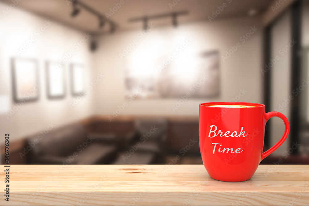 Red coffee cup  with word  Break Time. 3D illustration