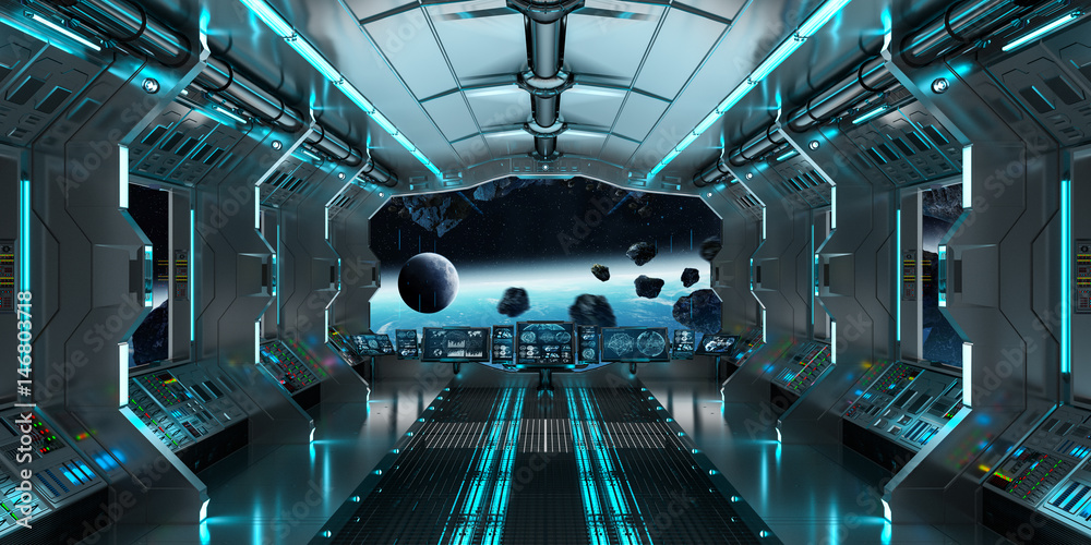 Spaceship interior with view on the planet Earth 3D rendering elements of this image furnished by NA