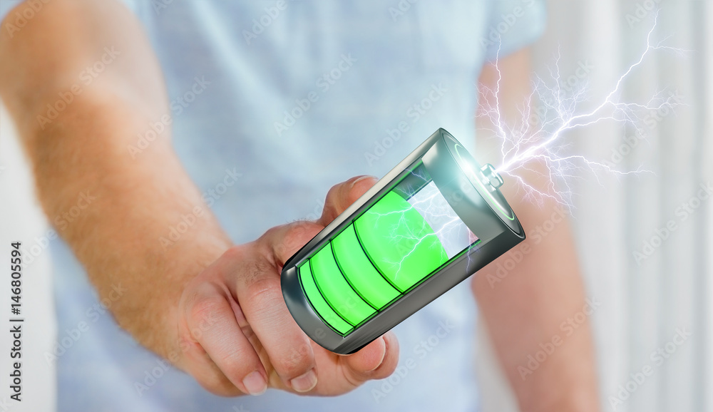 Man touching 3D render battery with lightning with his finger