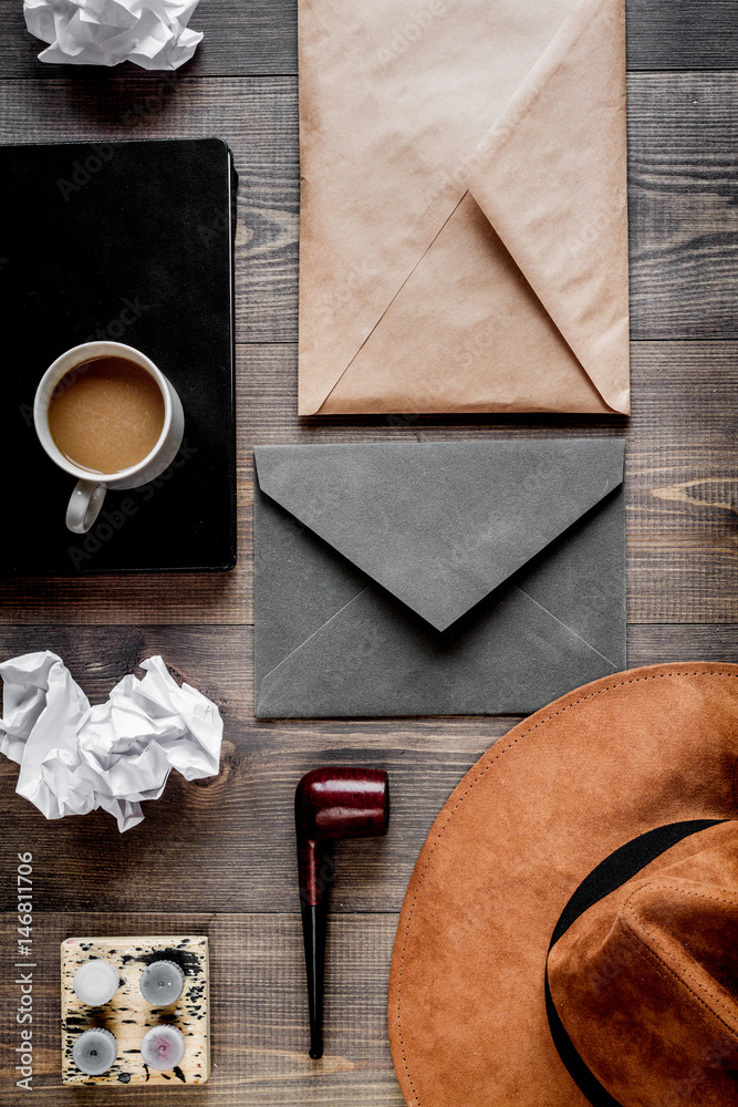 profession concept with writer tools on work desk background top view