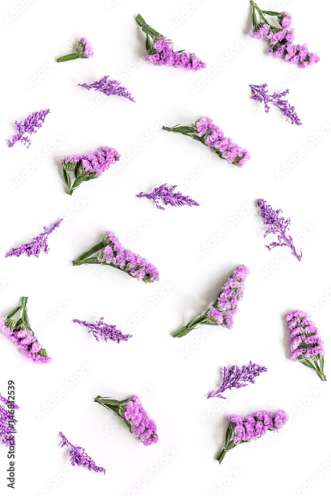 spring design in pastel color with purple flowers top view pattern