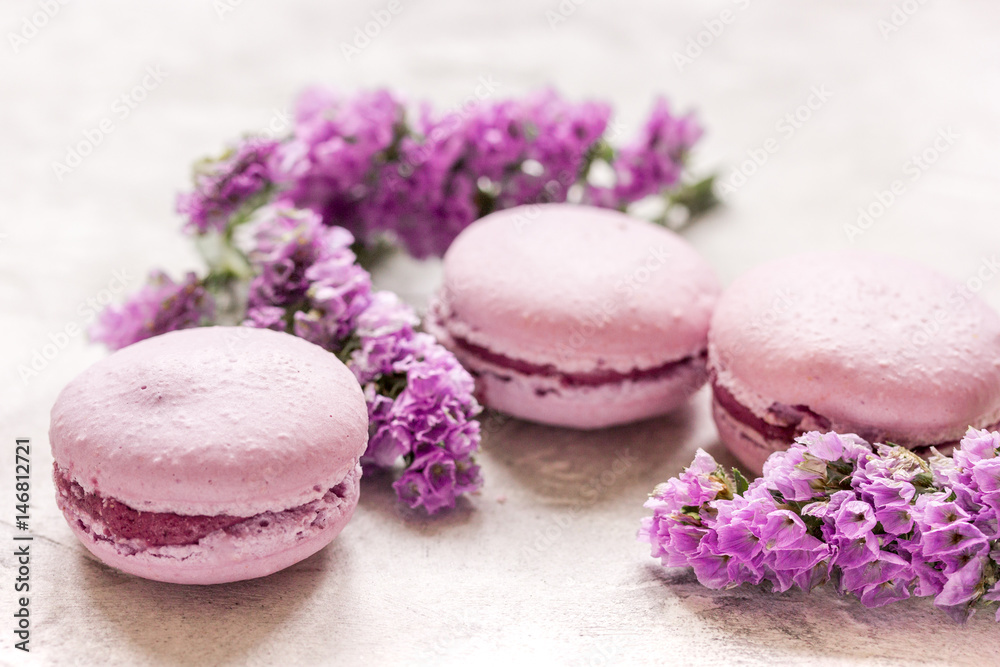 Trendy woman pattern with spring flowers and macaroons on plate