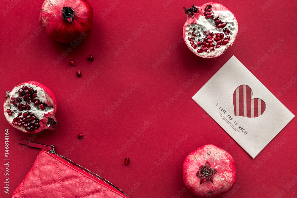 Ripe fresh fruit with love letter on red background top view mockup