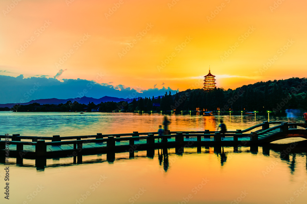 Beautiful hangzhou west lake scenery at sunset