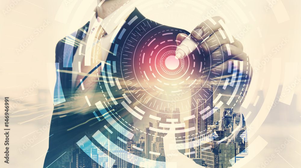 Digital Tech Circle with double exposure of businessman