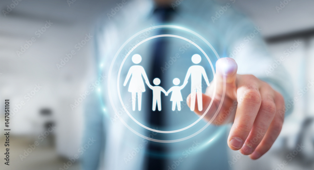 Businessman touching family interface with his finger 3D rendering