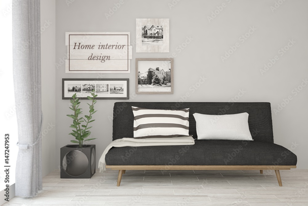 White modern room with sofa. Scandinavian interior design. 3D illustration