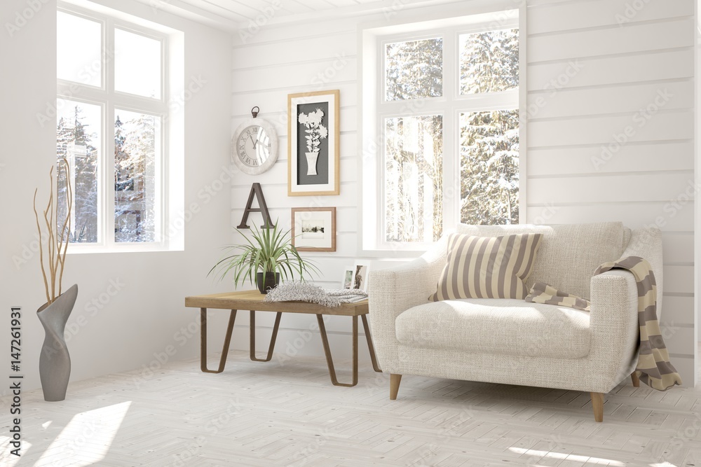 White room with armchair and winter landscape in window. Scandinavian interior design. 3D illustrati