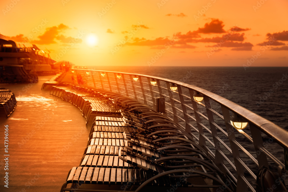 Cruise ship upper deck at sunset