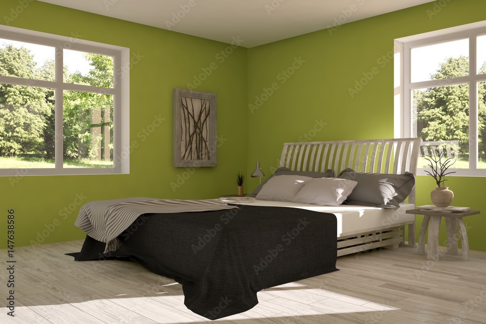 Green bedroom with summer landscape in window. Scandinavian interior design. 3D illustration