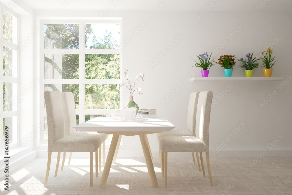 White dinner room with green landscape in window. Scandinavian interior design. 3D illustration