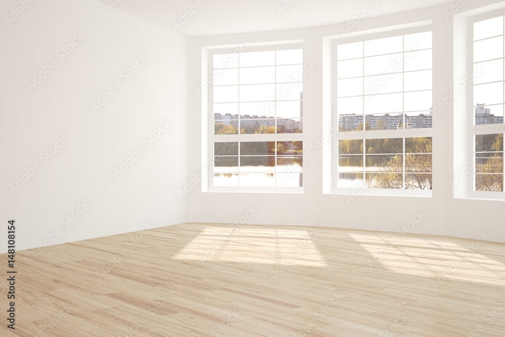 White empty room with urban landscape in window. Scandinavian interior design. 3D illustration