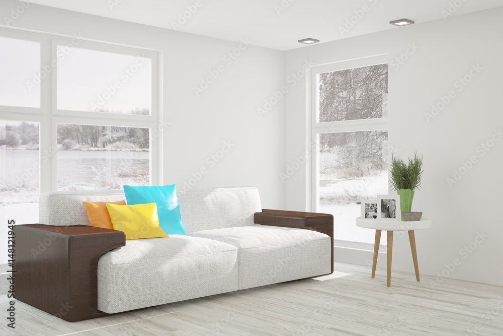 White modern room with sofa. Scandinavian interior design. 3D illustration