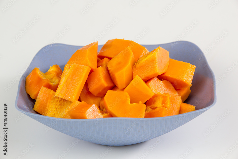 fruit sliced fresh papaya isolated on white background