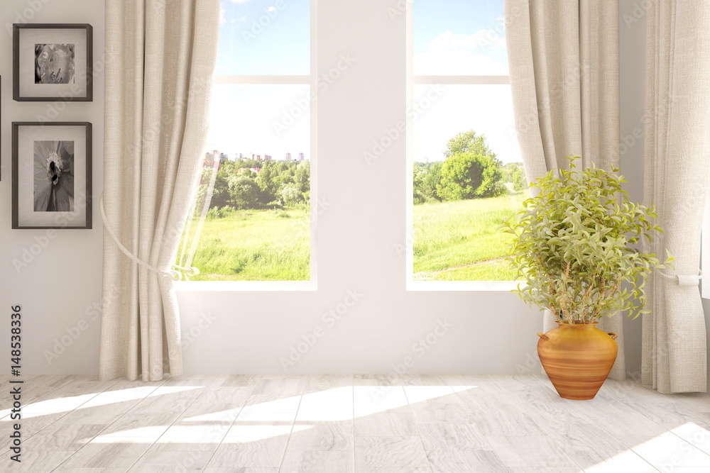 White empty room with green landscape in window. Scandinavian interior design. 3D illustration