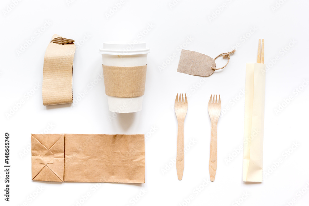 paper bags for food delivery restourant white table background top view mockup