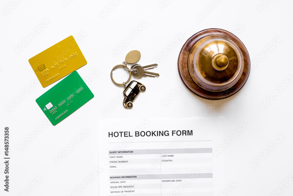 reservation form on hotel reception desk background top view