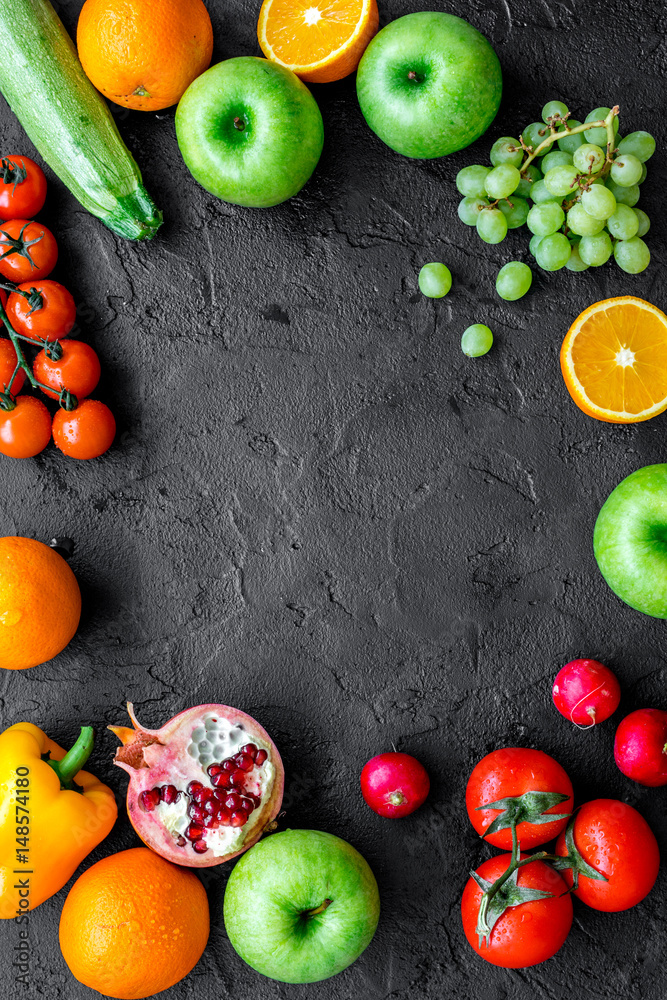 fresh vegetables and fruits for fitness dinner on dark background top view mockup