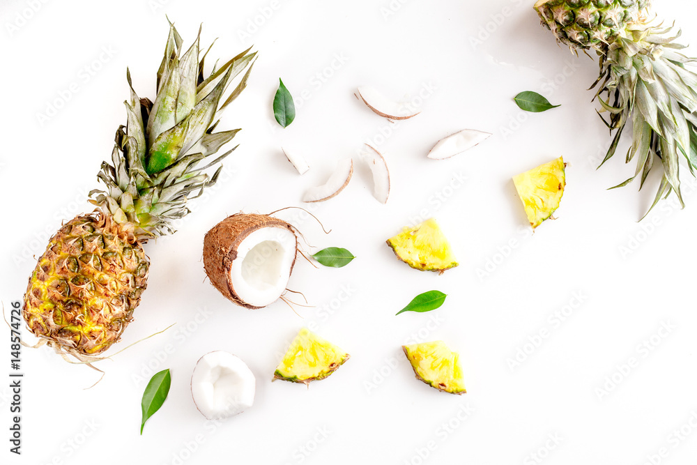 summer mix with pineapple and coconut white background top view mockup