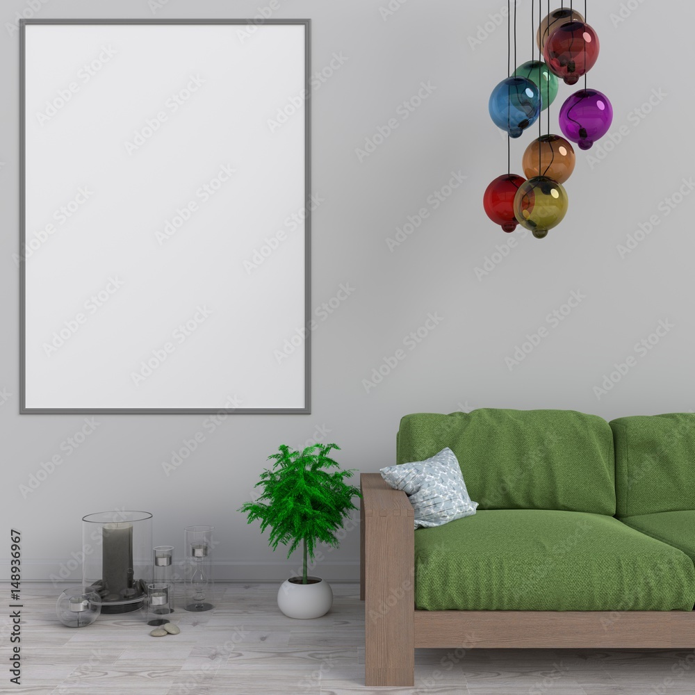 Blank poster on grey wall, sofa green, 3d illustration