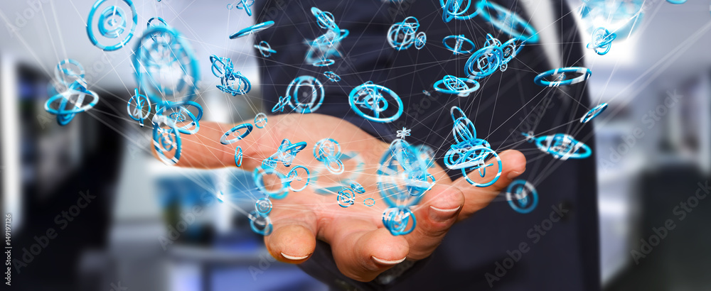 Businessman using flying network connection interface 3D rendering