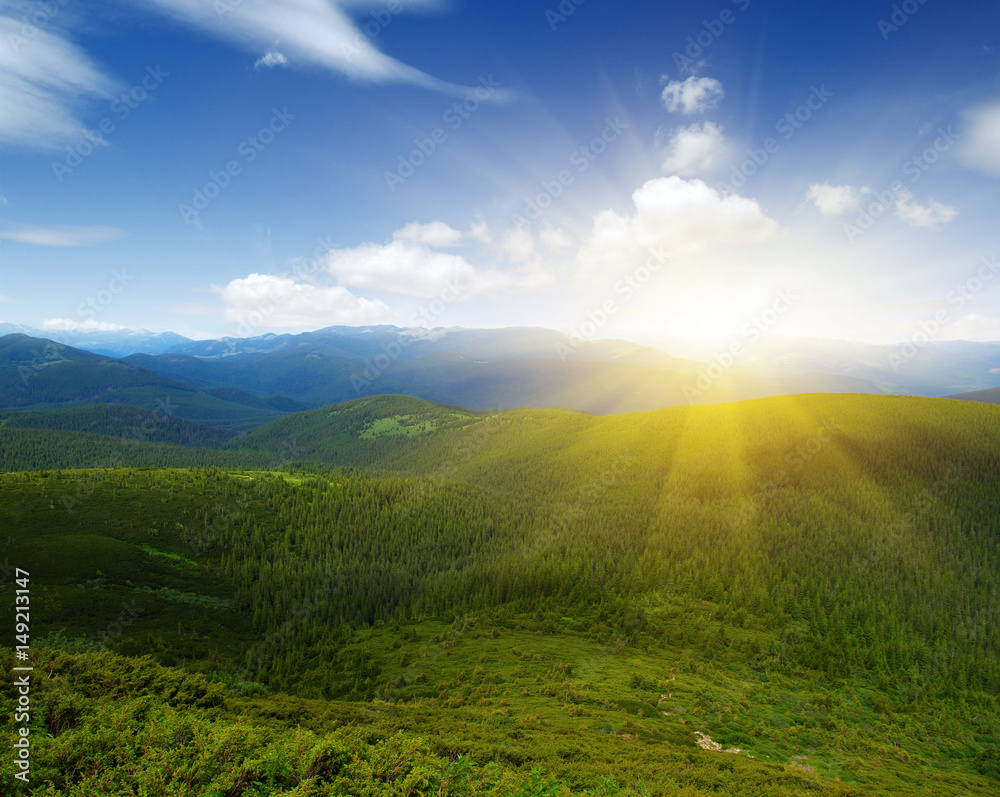 Mountain landscape on sun