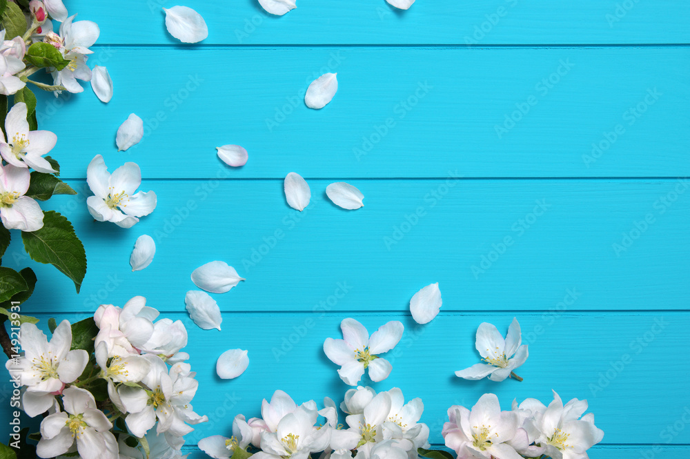 Spring blossom on blue wood