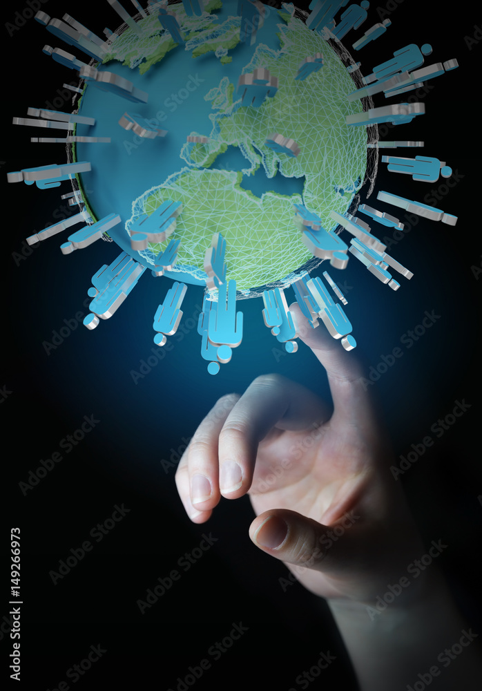 Businessman holding 3D rendering group of people surrounding planet Earth