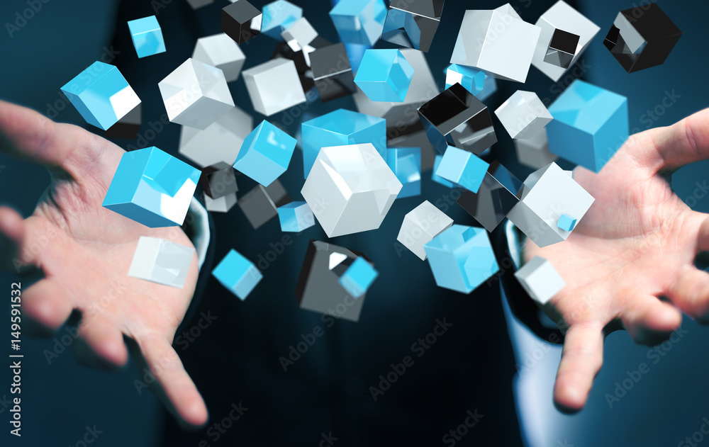 Businessman holding floating blue shiny cube network 3D rendering