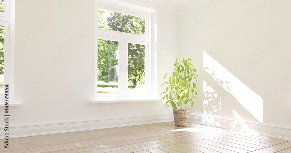 White empty room with green landscape in window. Scandinavian interior design. 3D illustration