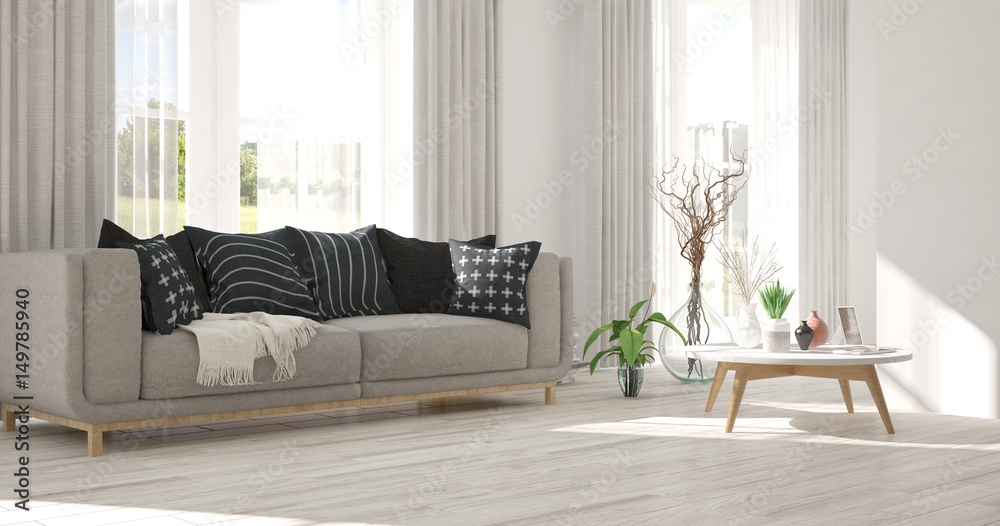 White modern room with sofa. Scandinavian interior design. 3D illustration